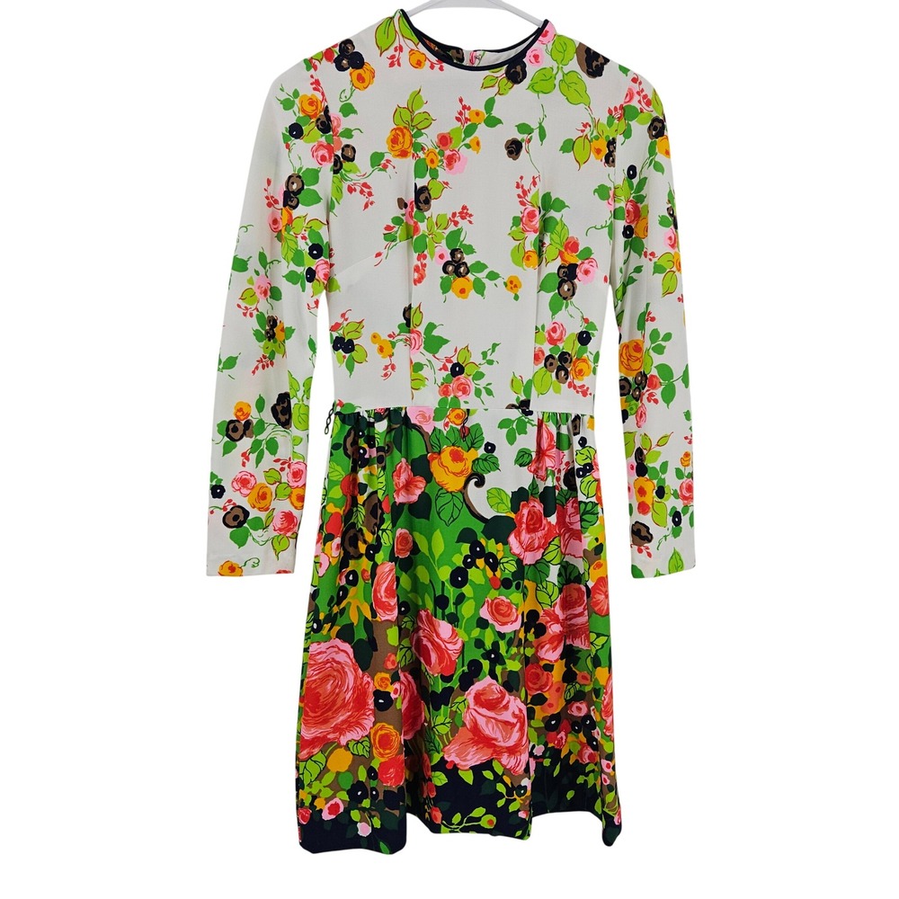 Vintage Floral Long Sleeve Mini Dress Pink Green White Mod 60s 70s Boho Size XS